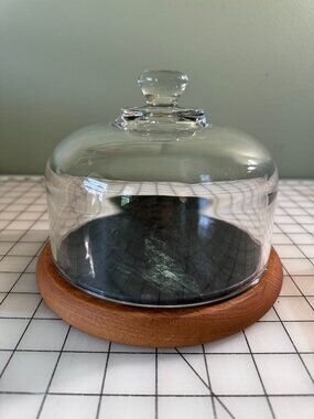 Cornwall USA Marble & Wood Cheese Dome Glass Cloche Cake Stand